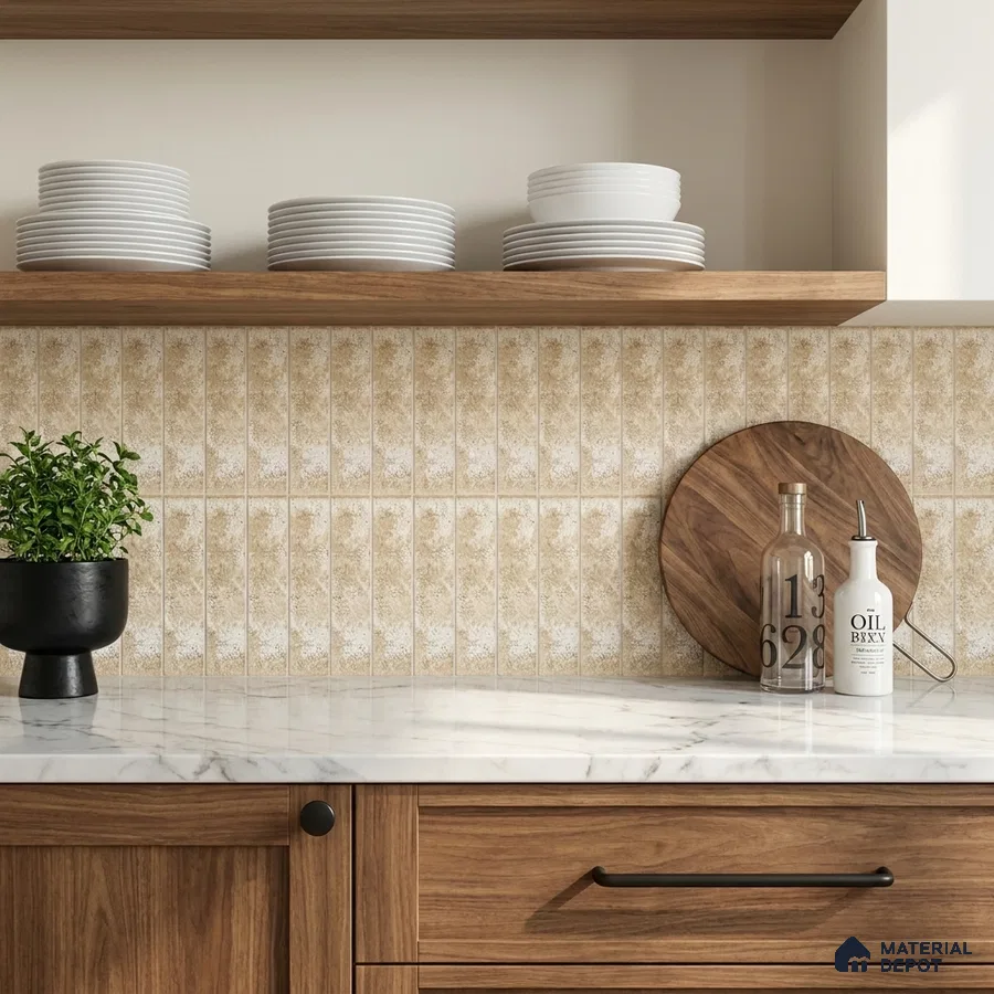 Modern Kitchen with Cream Stone-Look Subway Tile and Walnut Cabinets