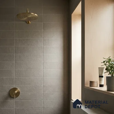 Minimalist Bathroom with Charcoal Grey Stone-Look Tile and Brass Shower