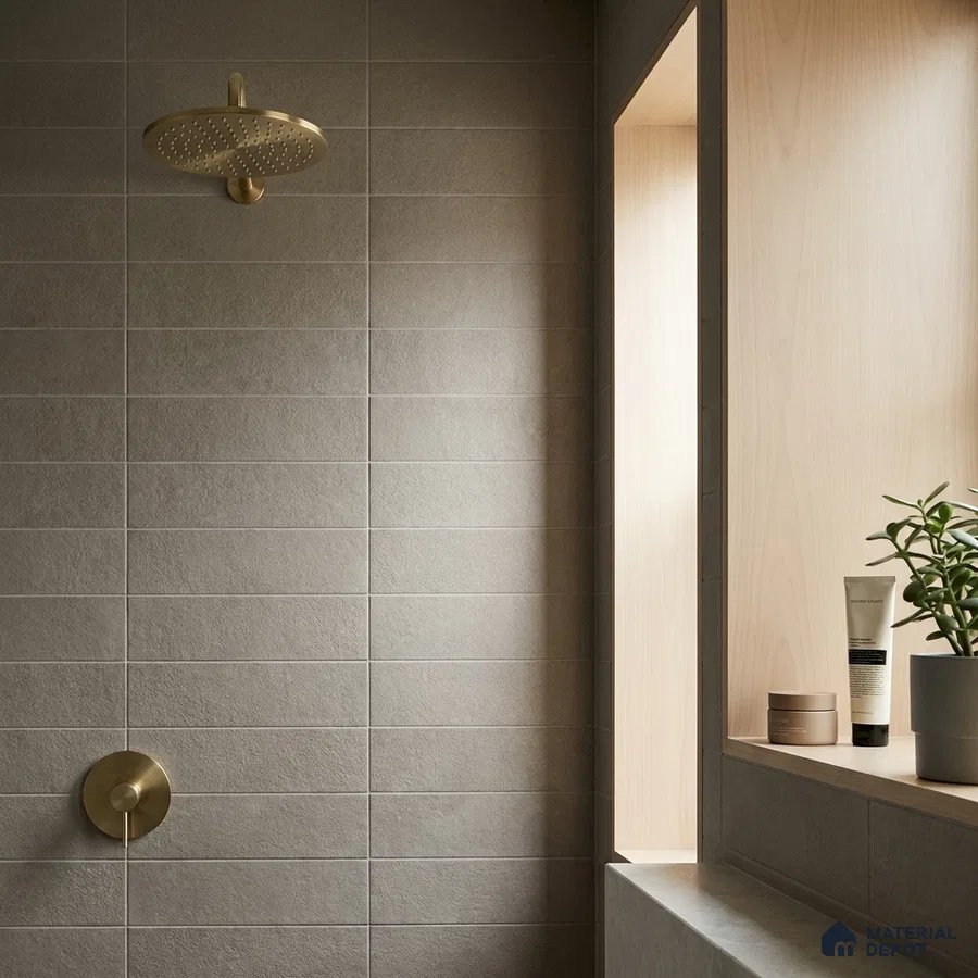 Minimalist Bathroom with Charcoal Grey Stone-Look Tile and Brass Shower