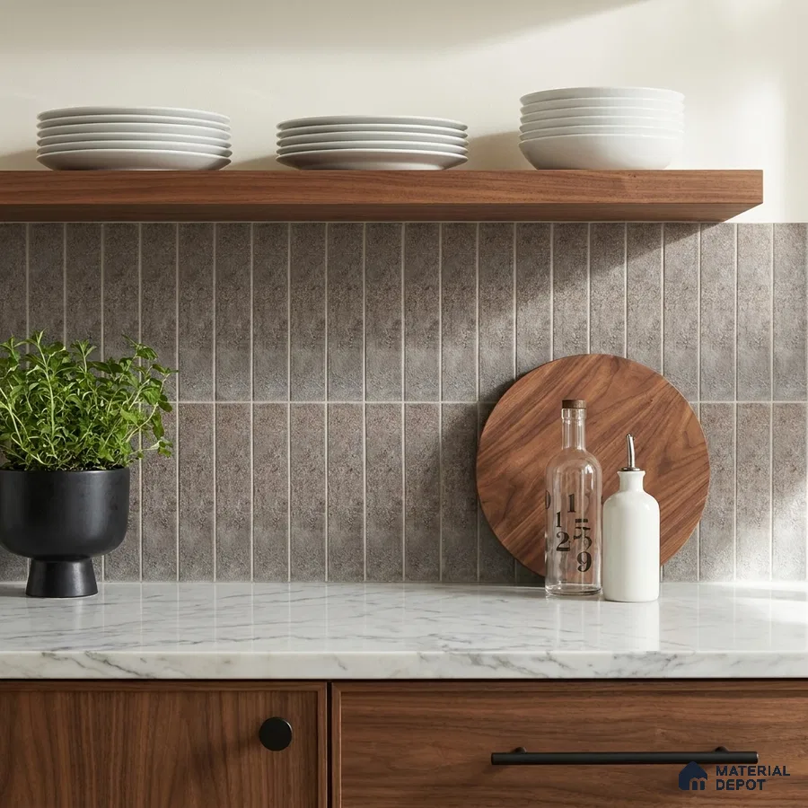 Modern Kitchen with Grey Stone-Look Stacked Subway Tile and Walnut Cabinets