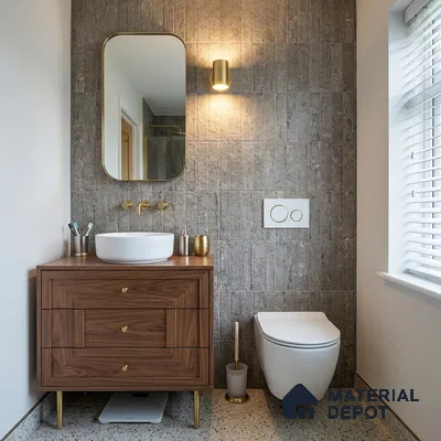 Mid-century Modern Bathroom with Grey-Beige Stone-Look Tile and Walnut Vanity