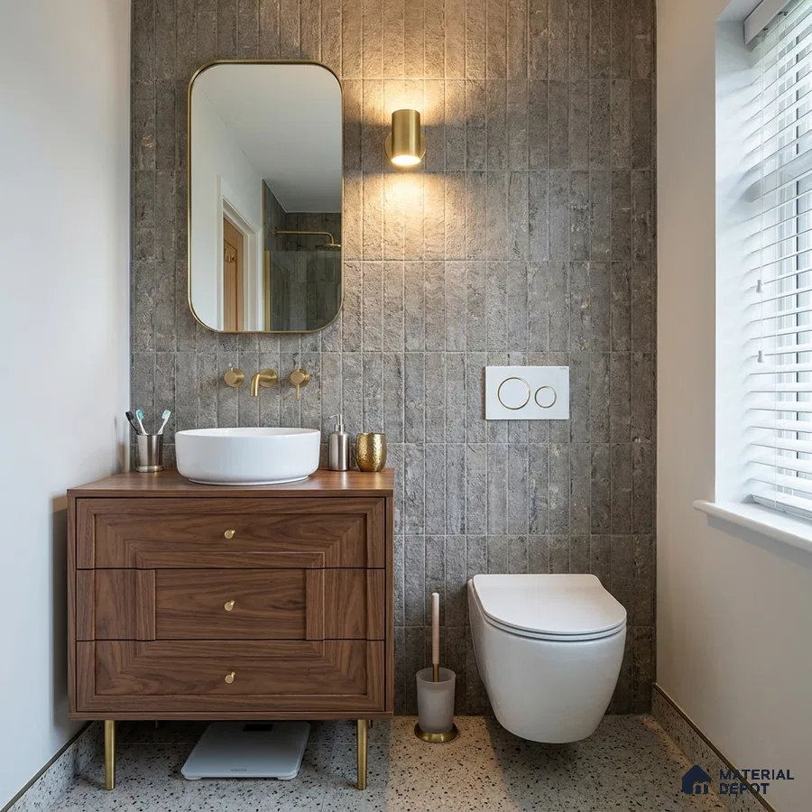 Mid-century Modern Bathroom with Grey-Beige Stone-Look Tile and Walnut Vanity