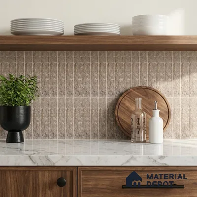 Modern Kitchen with Taupe Patterned Subway Tile and Walnut Cabinets