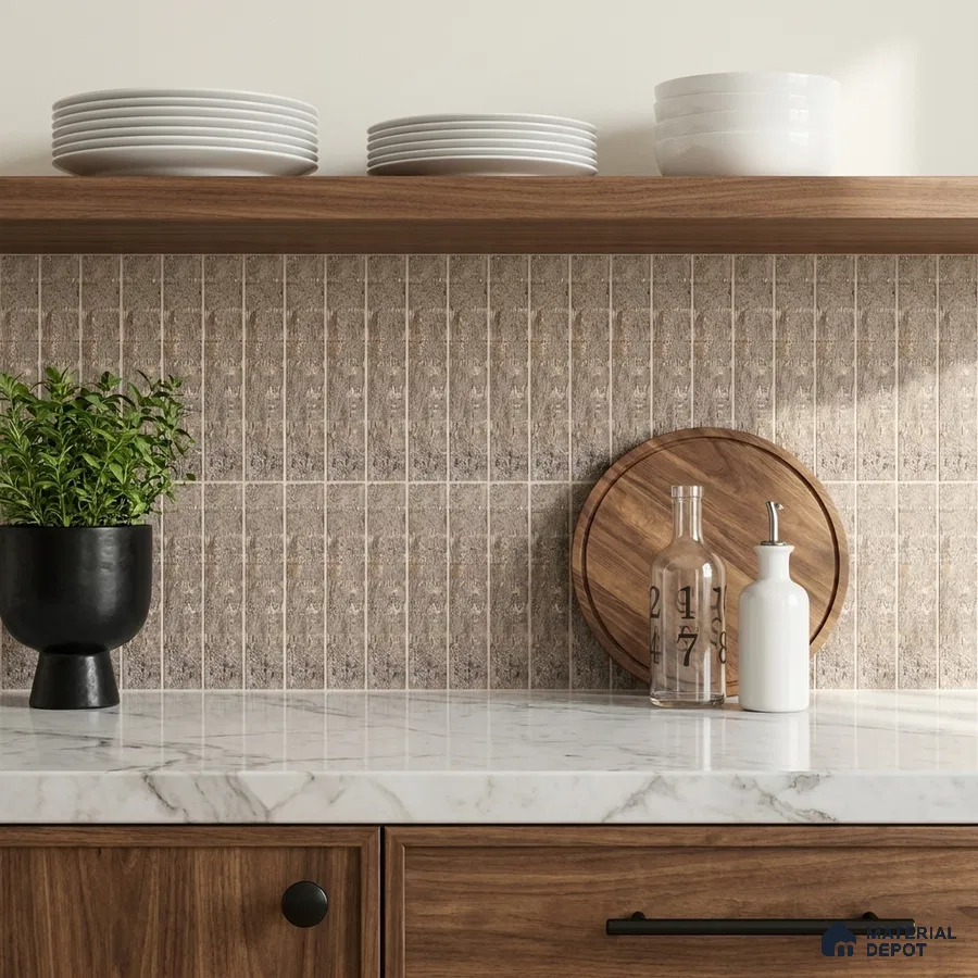 Modern Kitchen with Taupe Patterned Subway Tile and Walnut Cabinets