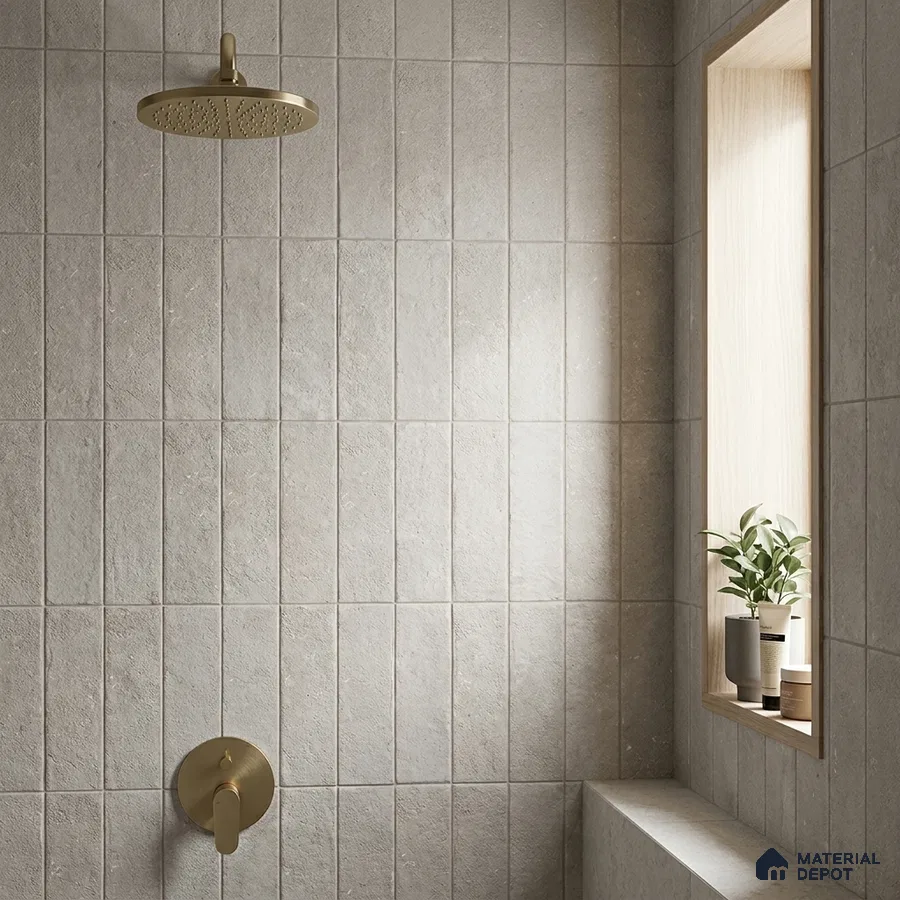 Minimalist Bathroom with Greige Stone-Look Tile and Brass Shower