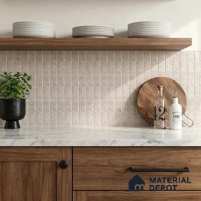 Modern Kitchen with Greige Stone-Look Stacked Subway Tile and Walnut Cabinets