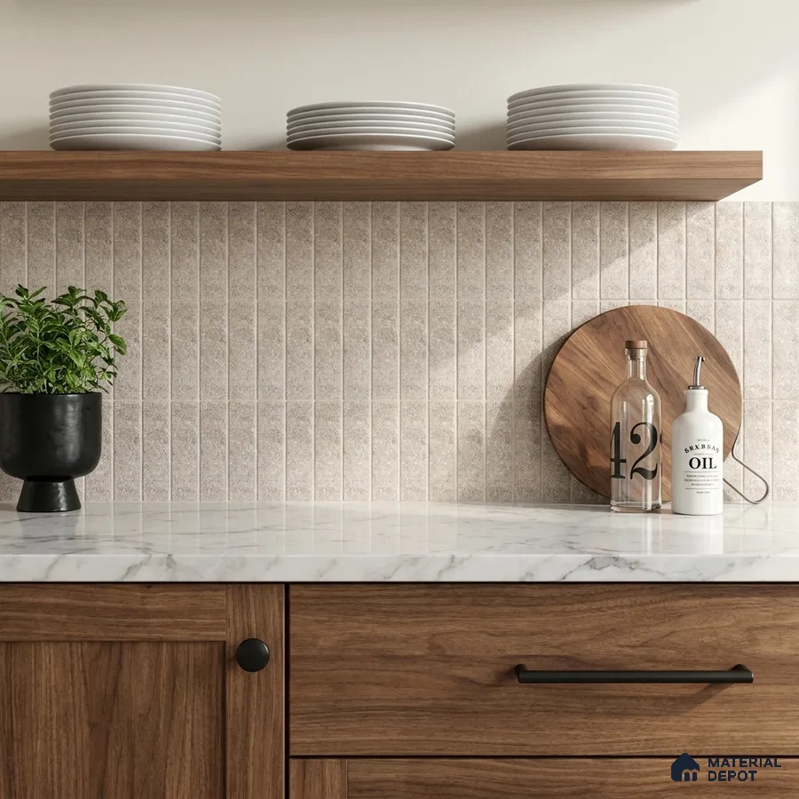 Modern Kitchen with Greige Stone-Look Stacked Subway Tile and Walnut Cabinets