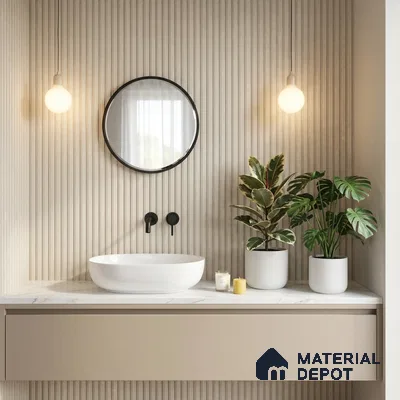 Minimalist bathroom with beige fluted wall panels and white marble countertop