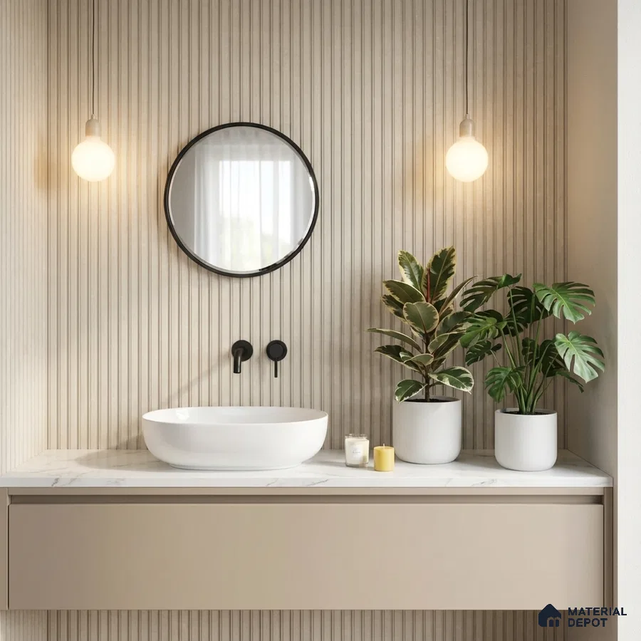 Minimalist bathroom with beige fluted wall panels and white marble countertop