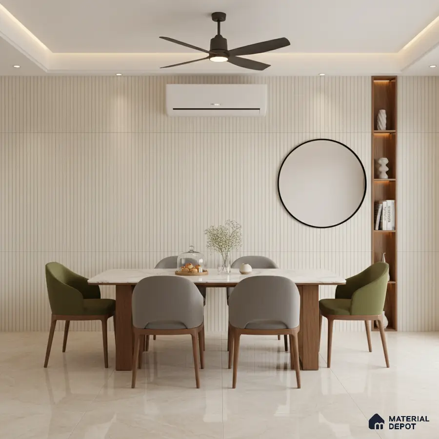 Minimalist dining room with marble top table, fluted beige wall panels, and glossy beige floor tiles