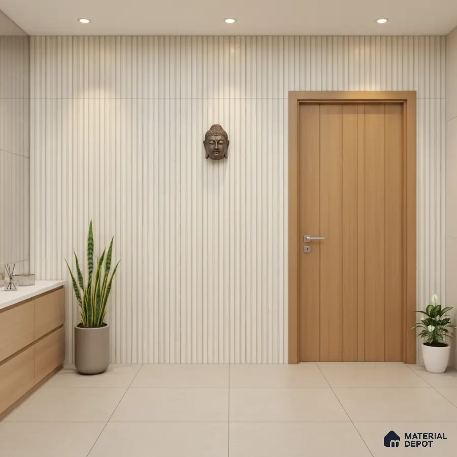 Minimalist foyer with fluted ivory wall panels and light oak laminate cabinetry