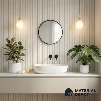 Minimalist bathroom with fluted beige wall tiles and white marble countertop