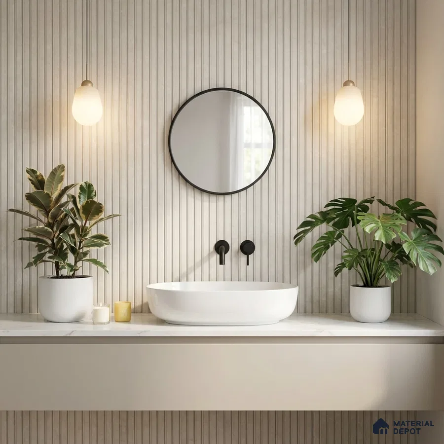Minimalist bathroom with fluted beige wall tiles and white marble countertop
