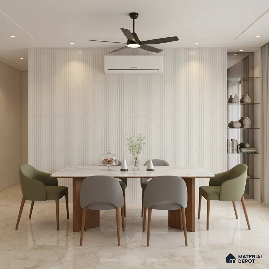 Modern dining room with marble top table, beige marble floor tiles, and fluted white wall panels