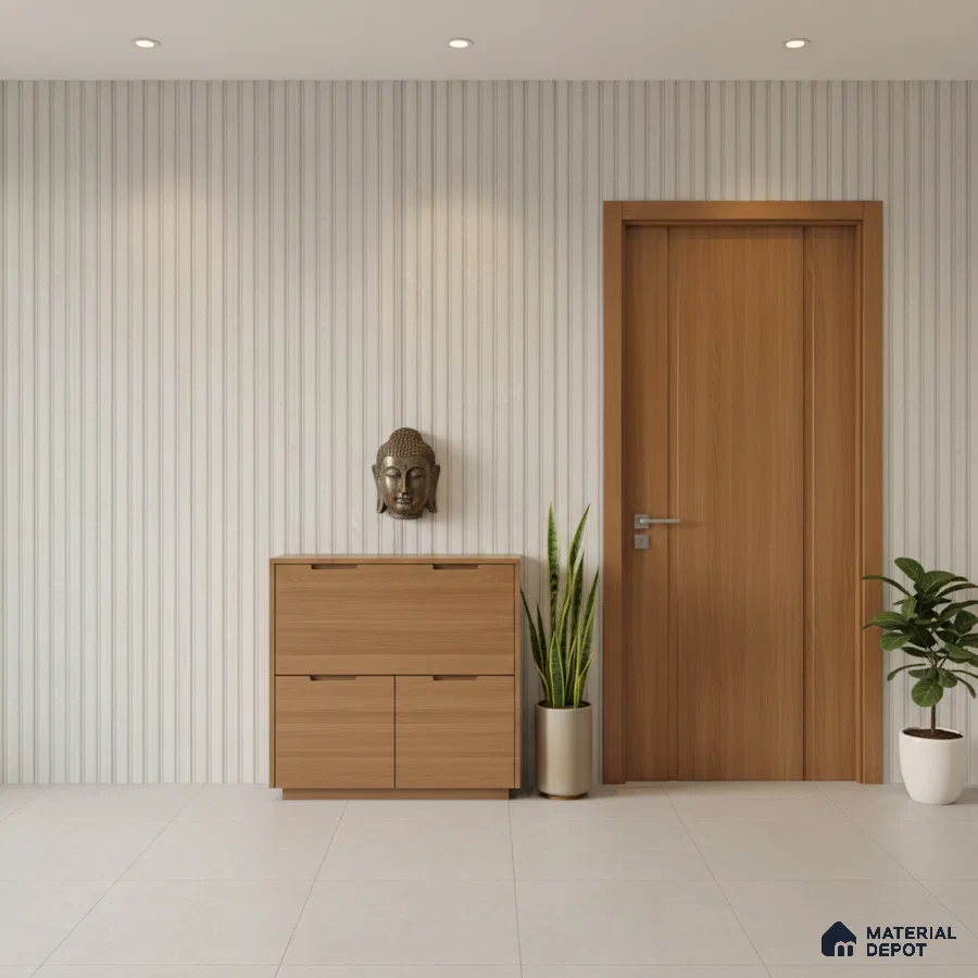 Minimalist foyer with light wood laminate console, vertical striped wall panels, and white floor tiles