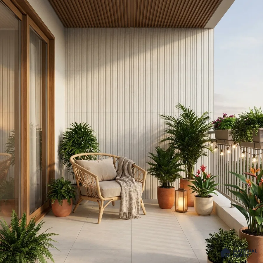 Scandinavian balcony with fluted wall panels, beige floor tiles, and wooden ceiling louvers