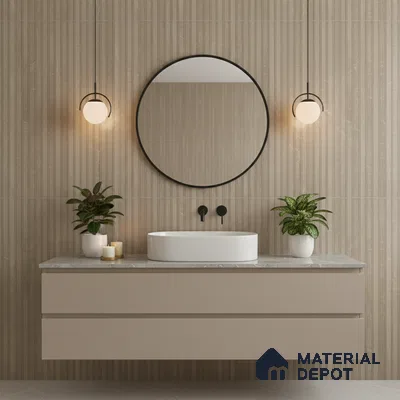 Minimalist bathroom with beige fluted wall tiles and matte beige vanity with marble countertop