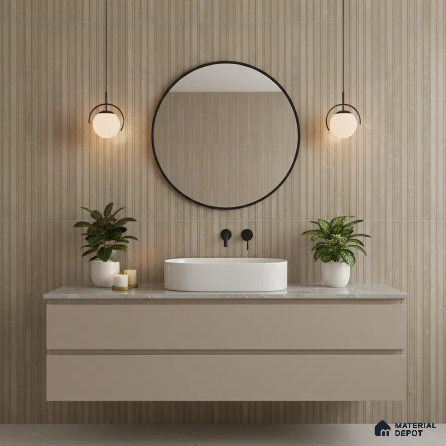 Minimalist bathroom with beige fluted wall tiles and matte beige vanity with marble countertop