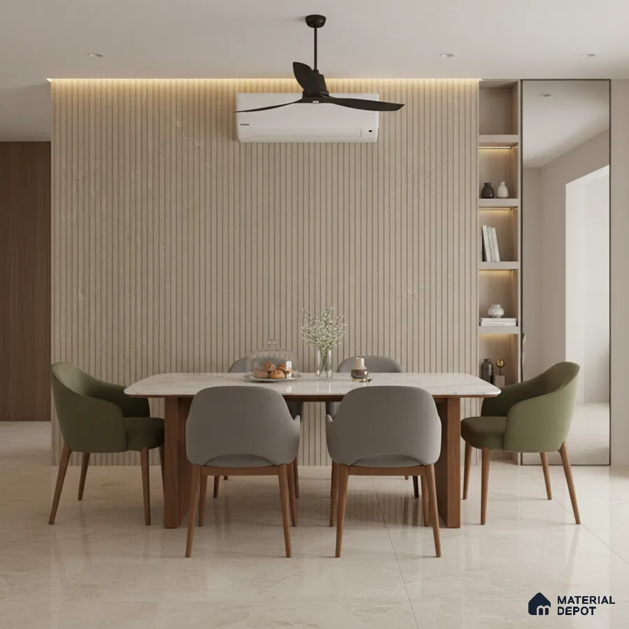 Minimalist dining room with beige fluted wall panels and marble-look floor tiles