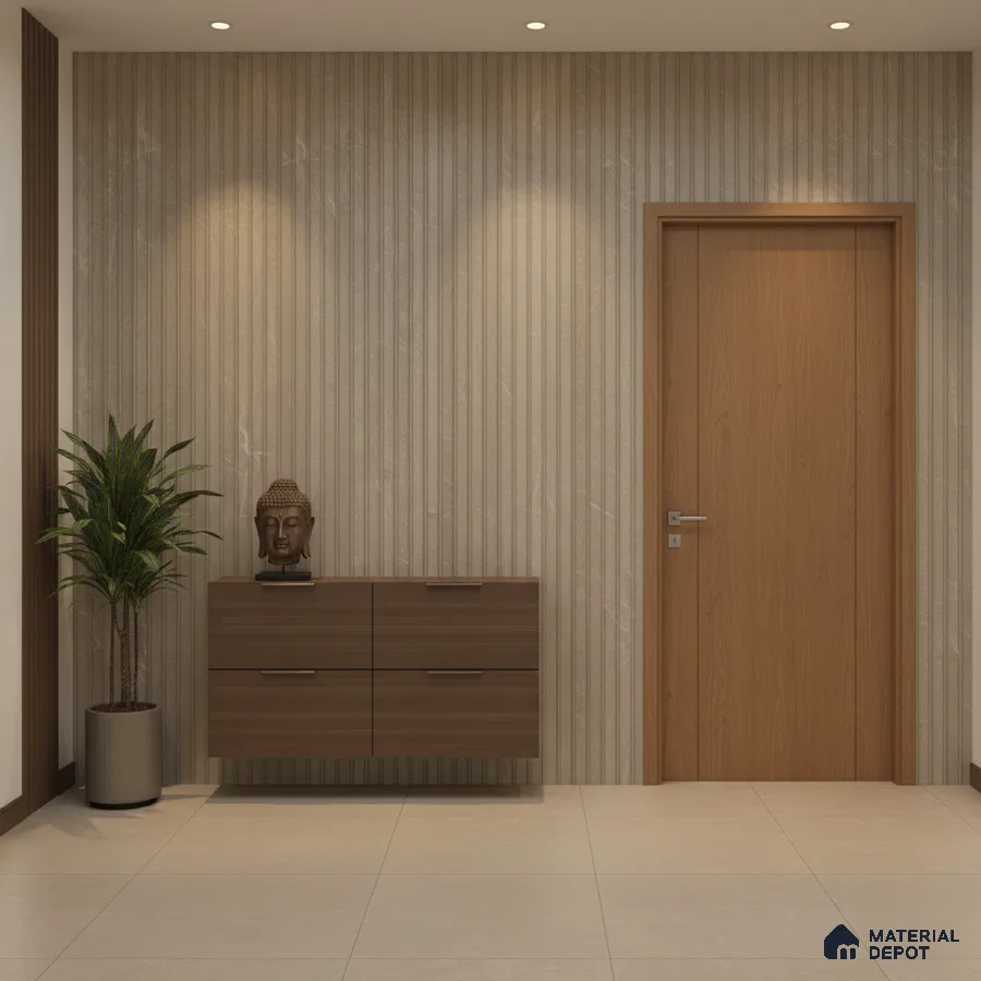 Modern foyer with beige marble fluted wall panels and walnut brown laminate console