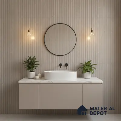 Minimalist bathroom with beige fluted wall tiles and white marble countertop vanity
