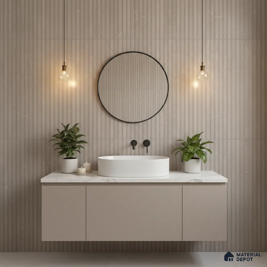 Minimalist bathroom with beige fluted wall tiles and white marble countertop vanity