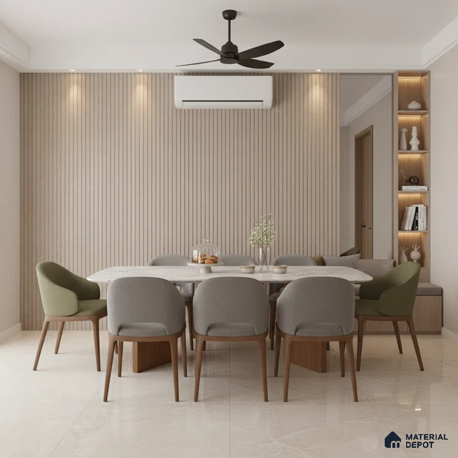 Scandinavian dining room with beige fluted wall panels, marble dining table, and glossy beige floor tiles