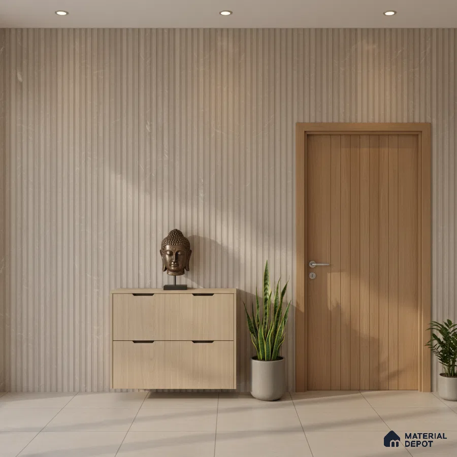 Minimalist foyer with beige fluted wall panels, light oak laminate console, and ivory floor tiles