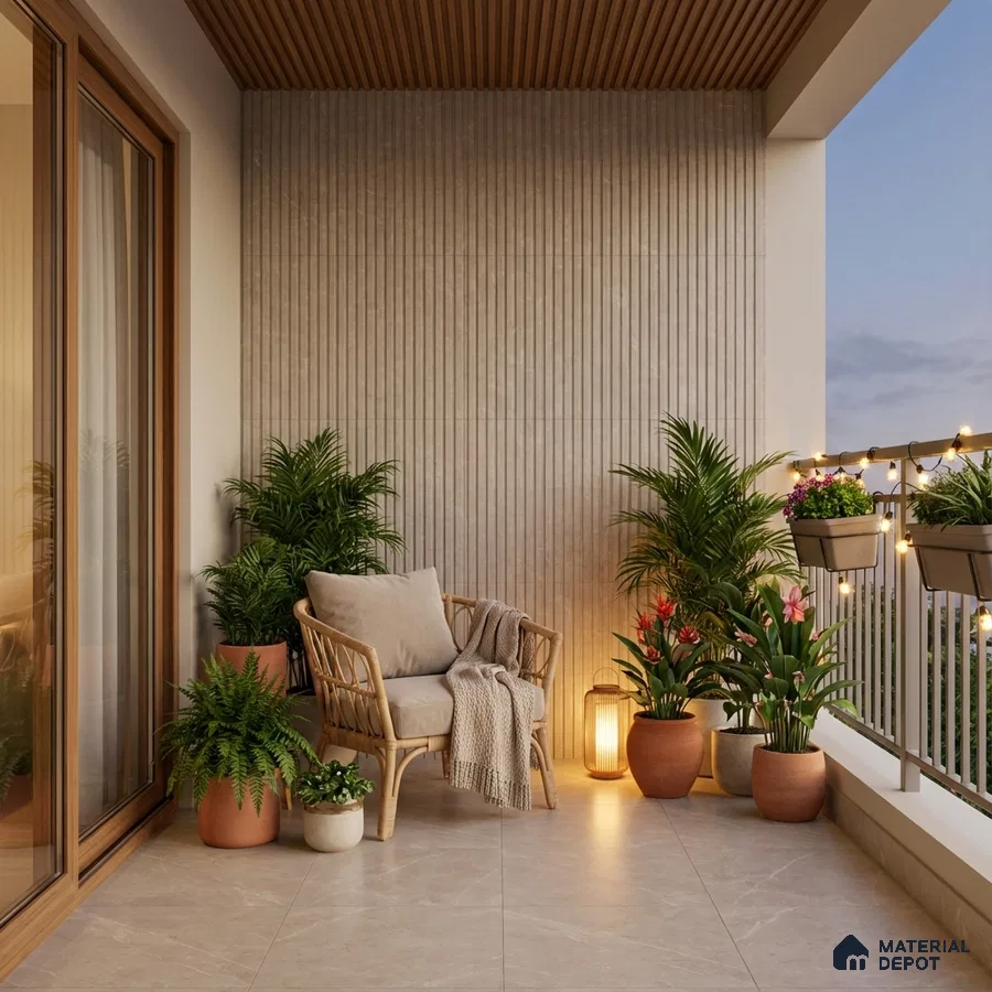 Scandinavian balcony with beige fluted wall tiles, light stone floor tiles, and wooden ceiling louvers