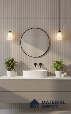 Minimalist bathroom with grey fluted wall tiles and white marble countertop vanity