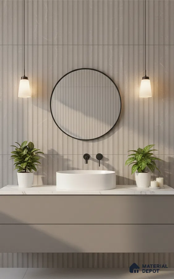 Minimalist bathroom with grey fluted wall tiles and white marble countertop vanity