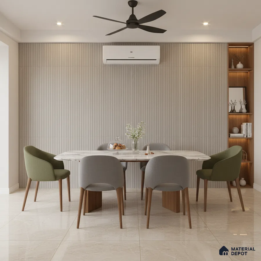 Minimalist dining room with beige marble floor tiles and fluted beige wall panels