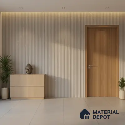 Minimalist foyer with beige fluted wall panels, light wood laminate door and cabinet, and large beige floor tiles