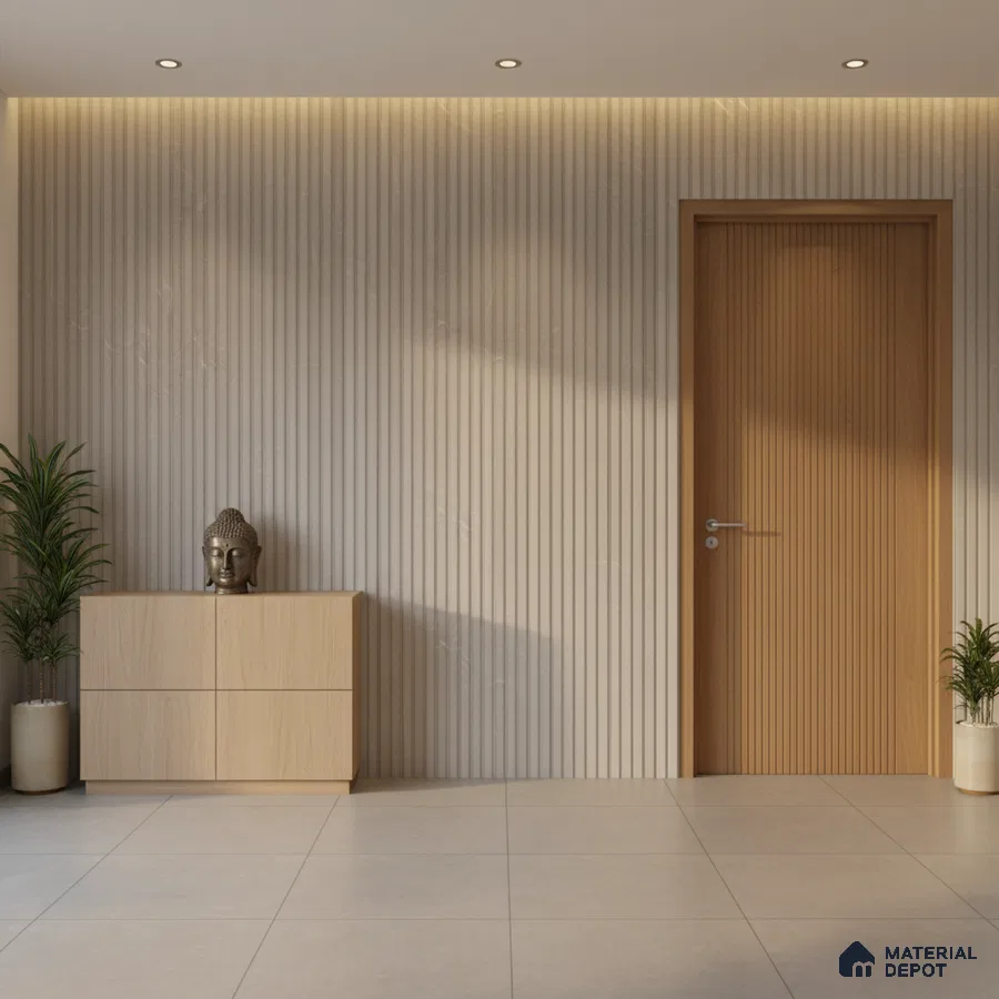 Minimalist foyer with beige fluted wall panels, light wood laminate door and cabinet, and large beige floor tiles