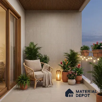 Scandinavian balcony with beige floor tiles, fluted wall tiles, and wooden ceiling louvers