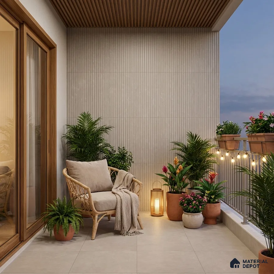 Scandinavian balcony with beige floor tiles, fluted wall tiles, and wooden ceiling louvers