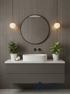 Minimalist bathroom with grey fluted wall tiles, matte grey vanity, and white marble countertop