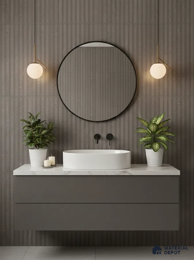 Minimalist bathroom with grey fluted wall tiles, matte grey vanity, and white marble countertop