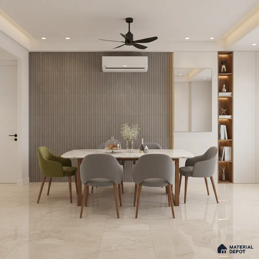 Modern dining room with grey fluted wall panels, marble dining table, and beige marble floor tiles