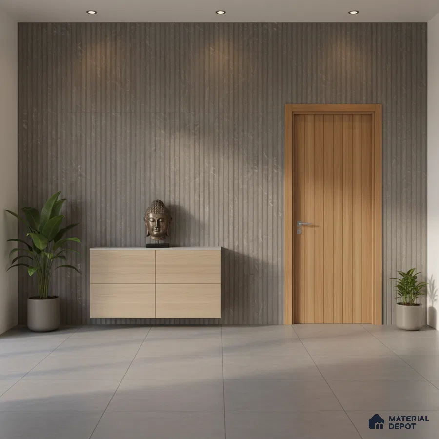Minimalist foyer with grey fluted wall tile, light wood laminate console, and large format grey floor tiles