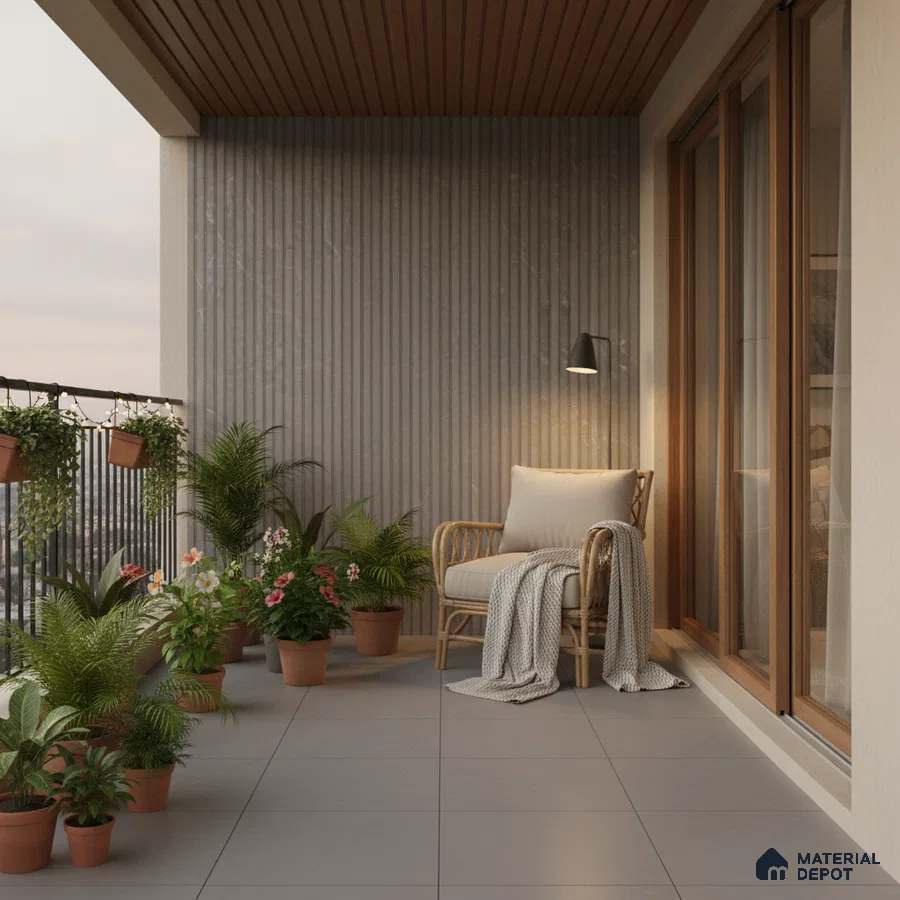 Scandinavian balcony with grey fluted wall panels, matte grey floor tiles, and wooden ceiling