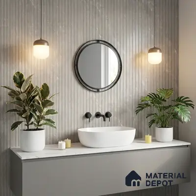 Minimalist bathroom with grey fluted marble wall tiles and white marble countertop vanity