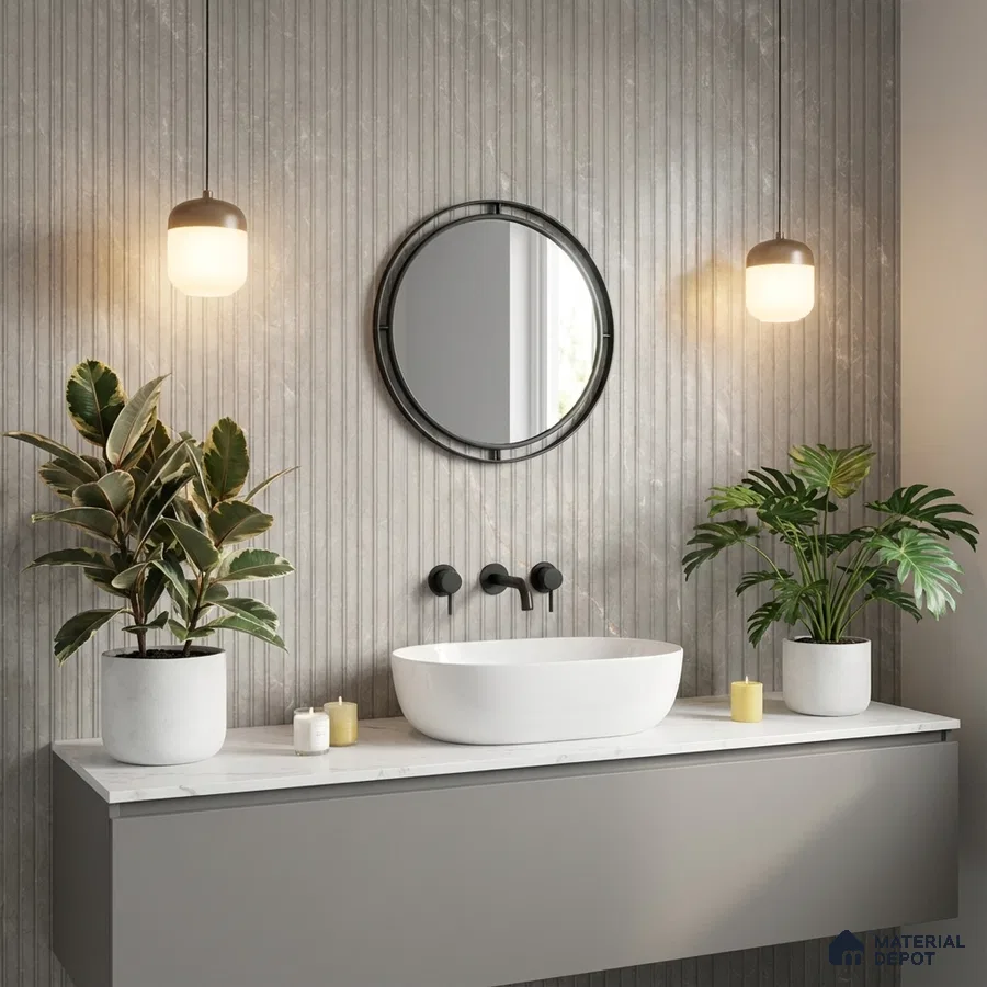 Minimalist bathroom with grey fluted marble wall tiles and white marble countertop vanity