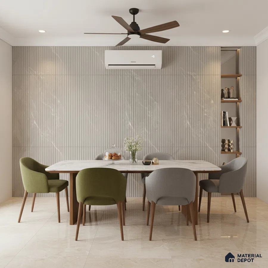 Modern dining room with marble-look fluted wall panels and beige marble floor tiles