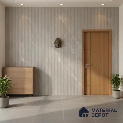 Modern foyer with grey marble fluted wall panels and light oak laminate cabinet