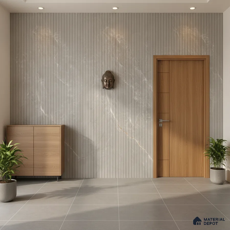 Modern foyer with grey marble fluted wall panels and light oak laminate cabinet