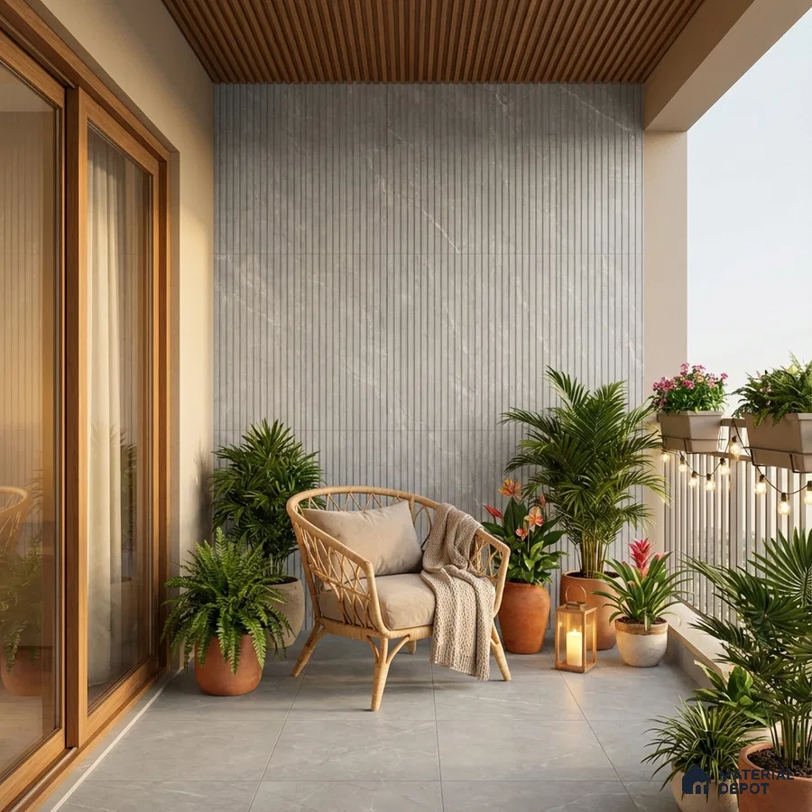 Scandinavian balcony with grey fluted wall tiles, light wood ceiling louvers, and stone-look floor tiles