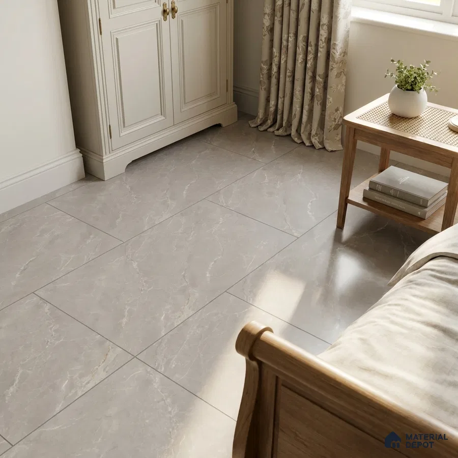 Traditional Bedroom with Grey Marble-Look Floor Tile