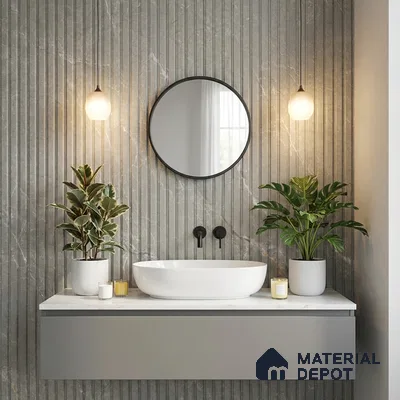 Modern bathroom with grey fluted marble wall tiles and white countertop vanity