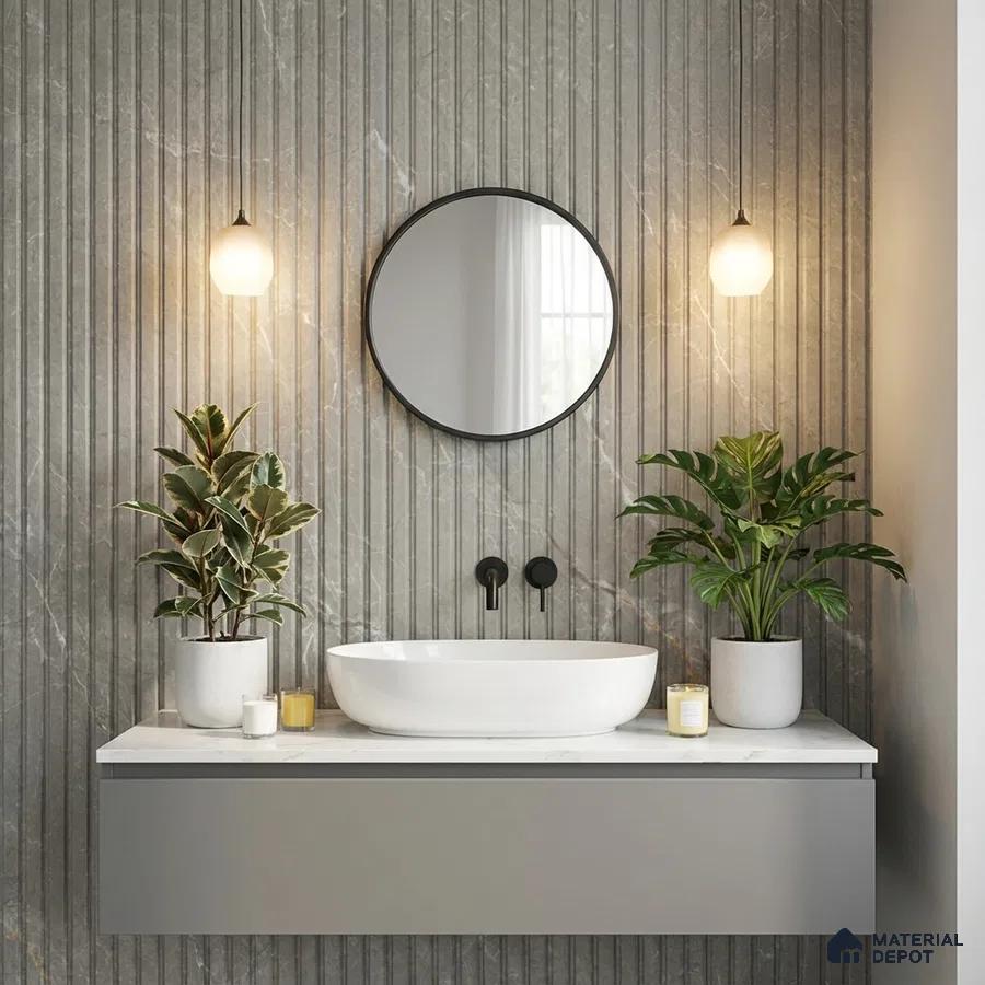 Modern bathroom with grey fluted marble wall tiles and white countertop vanity